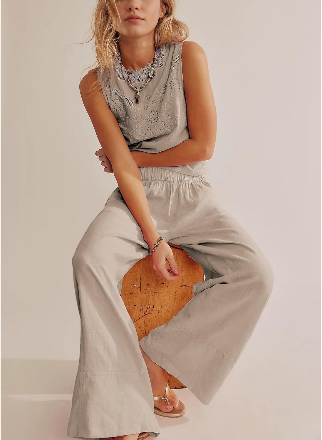 Songling Wide Leg Linen Pants for Women Summer Cotton Casual Palazzo Pant Boho Flowy Beach Pants with Pockets - Image 6