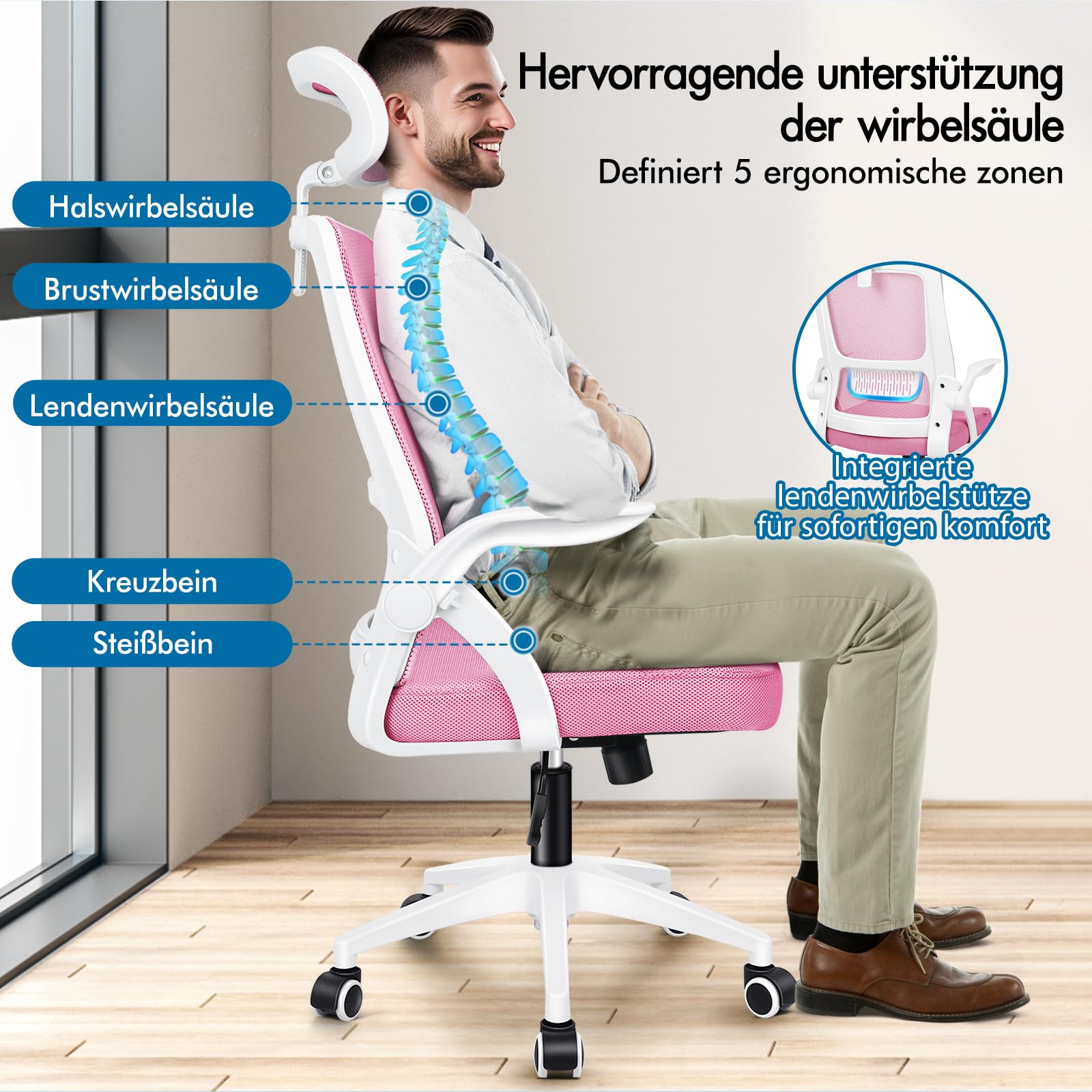 ALFORDSON Bürostuhl Chefsessel Netzstuhl ergonomisch Schreibtischstuhl Wippfunktion höhenverstellbarer,360° Drehstuhl, Computerstuhl Besprechungsstuhl,klappbare Armlehnen,180kg bis belastbar, Rosa