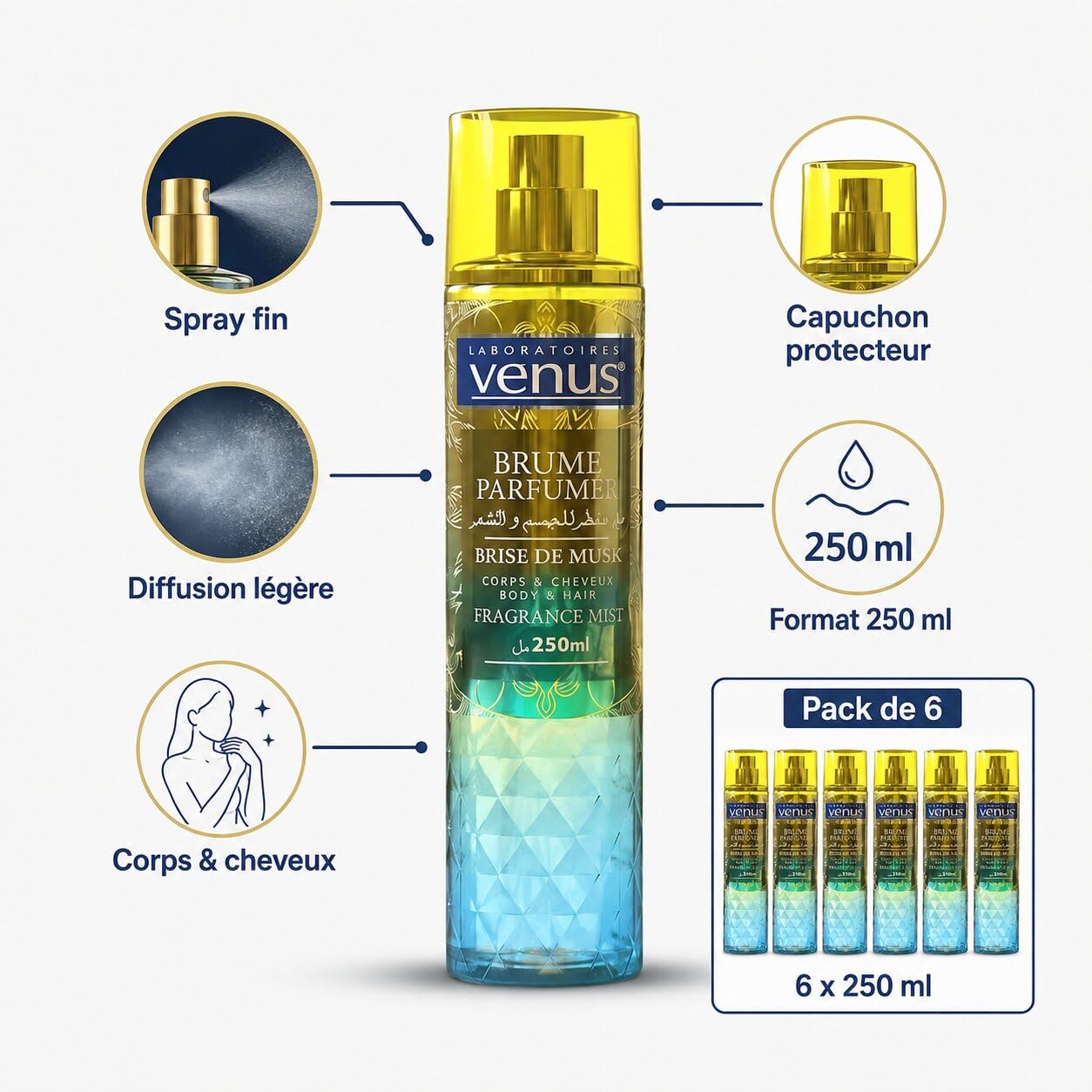 Venus Brume Parfumée Brise de Musk 250ml – Pack de 6 Bouteilles – Brume Corporelle Femme, Parfum Léger Musqué pour Corps et Routine Beauté