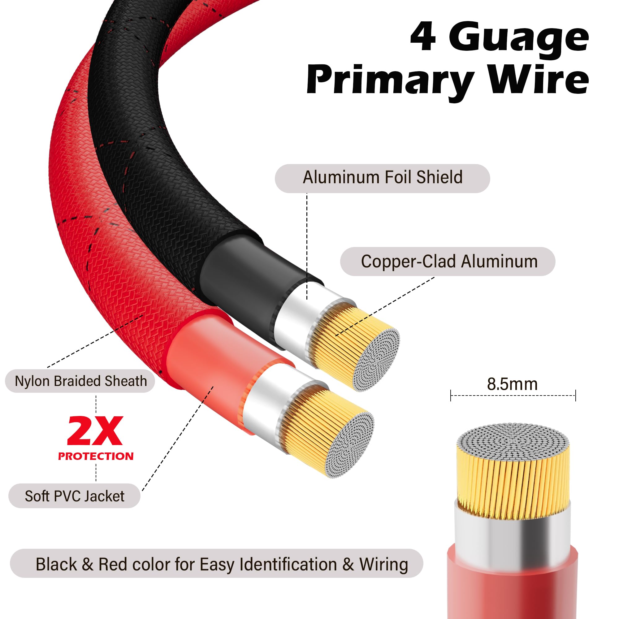 HiFind 4 Gauge AWG Power Ground Wire Cable 20 Ft, True Spec Shielded Braided Welding Battery Cable Terminal for Automotive, Car Audio, Amp Wiring, Speaker Stereo, Solar, Marine, Generator-Red