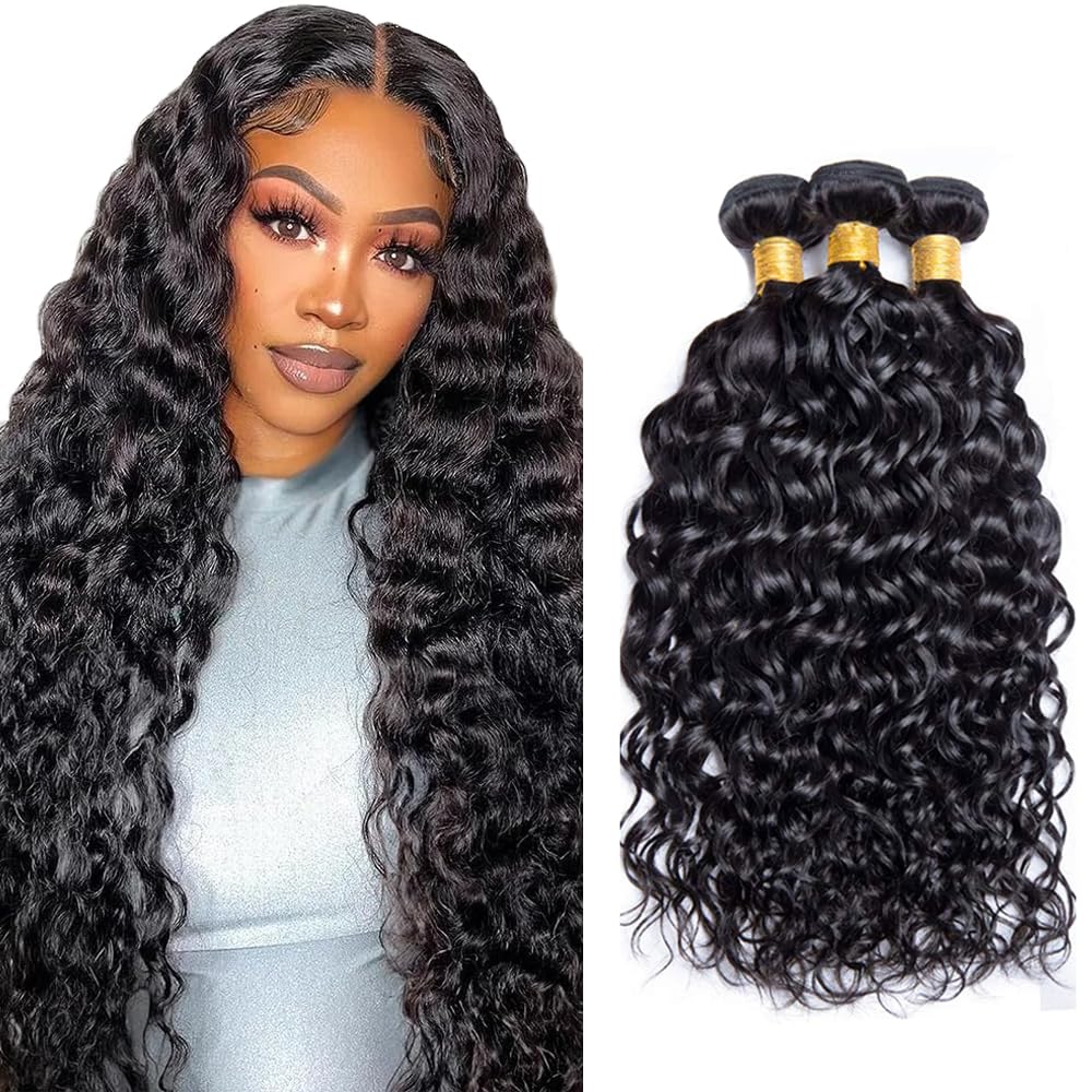 Hxxcoup Water Wave Human Hair Bundles 28 30 32 Inch #1B Natural Black Color Unprocessed Light Weight Tangle Free 3 Bundles Total 300g Human Hair Extensions For Woman