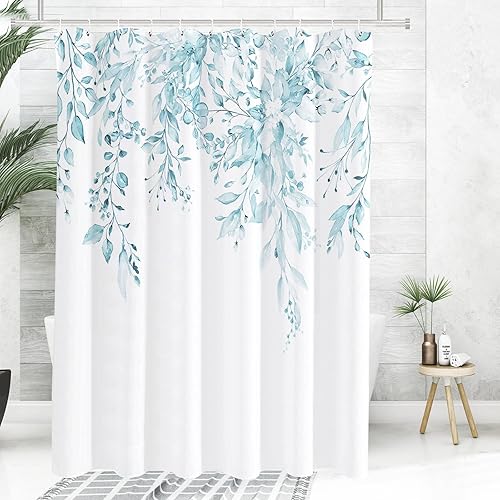 Vista 495 de Tititex - Juego de cortinas de ducha de eucalipto verde oliva, hojas de acuarela en la parte superior con decoración floral de baño, 60 x 72 Hojas