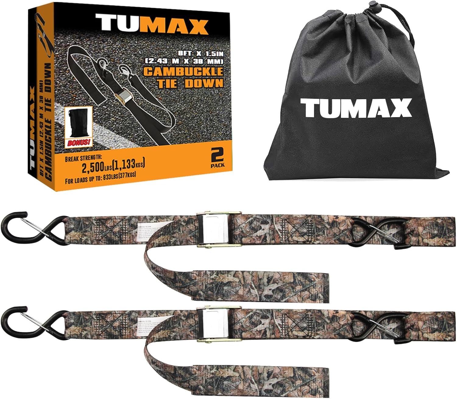 1.5" x 8ft Heavy-Duty Tie Down Straps, 2500lbs Break Strength Cam Buckle Cargo Straps with Safety S-Hooks for Securing Motorcycle, Lawn Equipment, Appliances (2-Pack, Camouflage)