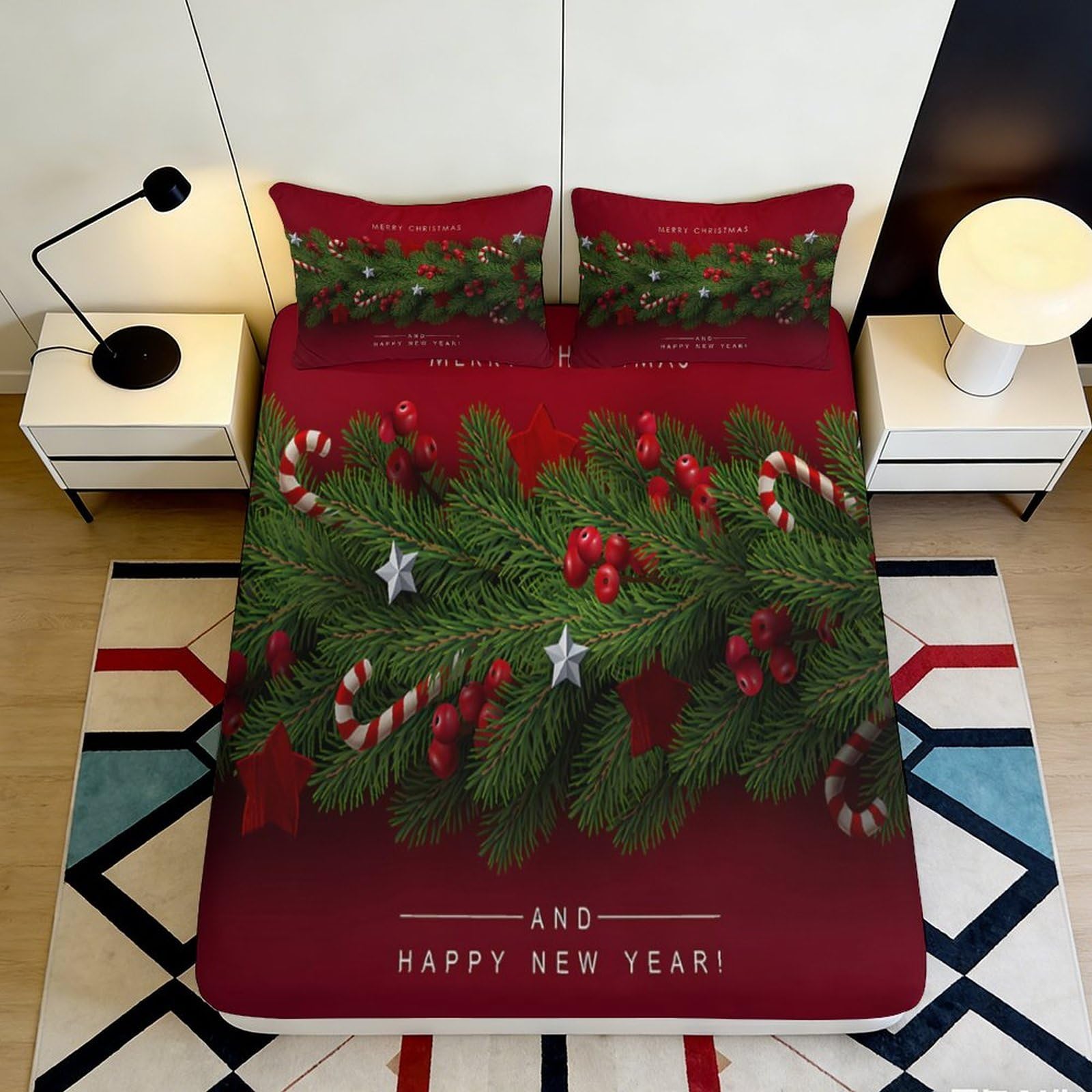 K1r3d9e5 Style-2 3D Printed Christmas Candy Cane Fitted Sheet Microfiber Red Fir Branch Mattress Cover Anti-Slip Bedroom Decor 90X200x25cm