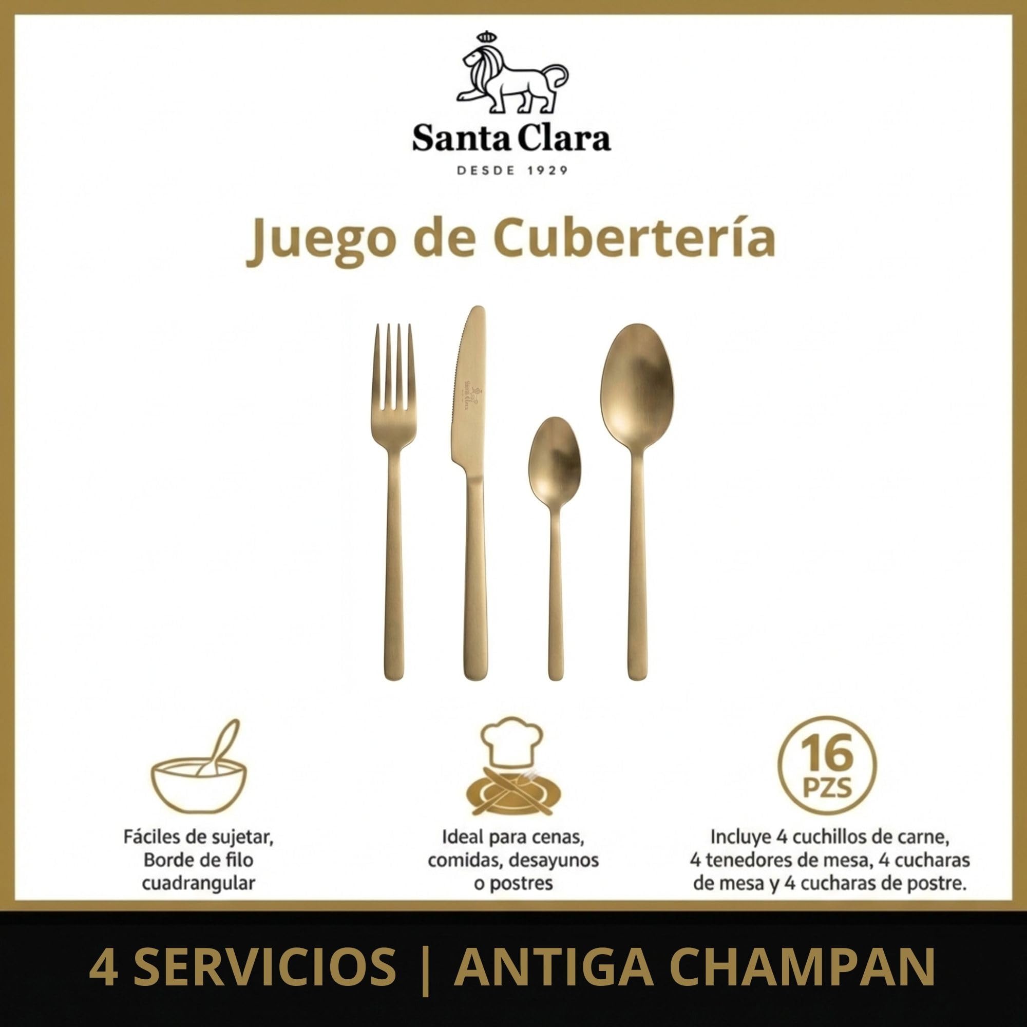 SANTA CLARA | Cubertería completa 16 piezas de acero inoxidable acabado champán PVD, juego de cubiertos con cuchillo, tenedor, cuchara y cucharilla de postre, servicio para 4 personas, modelo Antiga