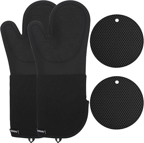 Manoplas de horno de silicona extralargas y soportes para ollas, guantes de horno de 15 pulgadas, resistentes al calor, 500 F, guantes para horno