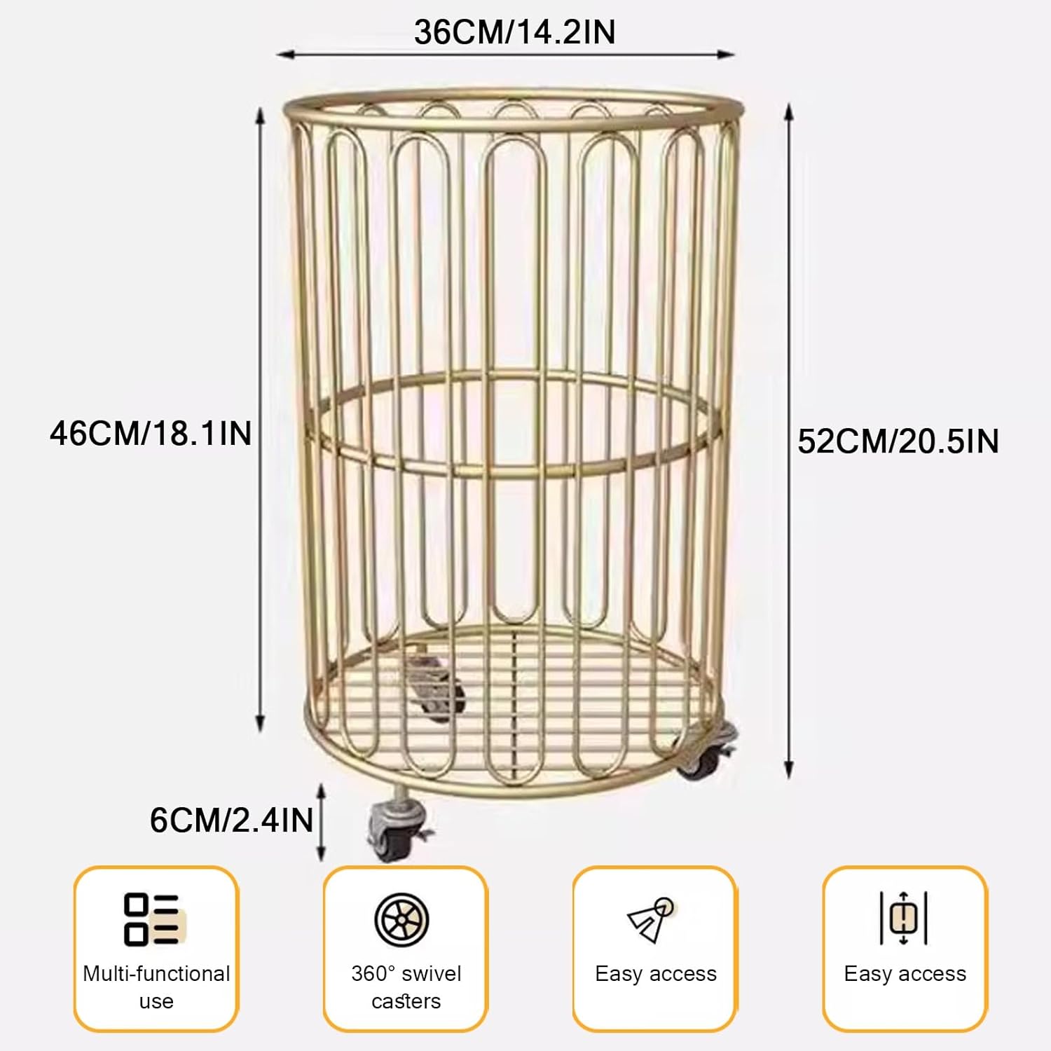Iron Ins Dirty Clothes Basket, Rolling Laundry Basket with Wheels, Healthy and Eco-friendly, Open Top for Ventilation, Suitable for Bedrooms, Living Rooms(Gold)