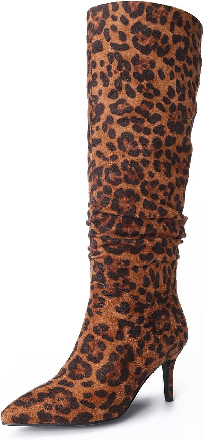 Women's Mid-High Stiletto 3ins Heel Pointed Toe Footwears Side Zipper Pleated Wrinkled Shaft Shoes Soft Comfortable Leopard Suede Leather Sexy Long Thigh High Boots and Fashion Tall Knee High Booties