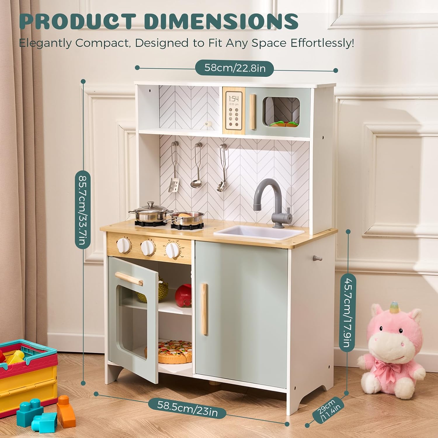 Play Kitchen for Toddlers, Wooden Toy Kitchen Playset for Kids, Chef Pretend Play Kitchens Set with Sink, Stove, Microwave, Storage and 6PCS Stainless Steel Accessories