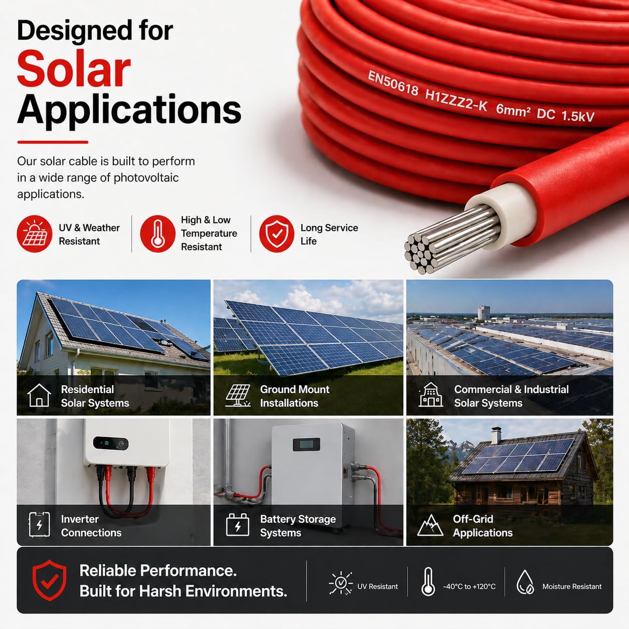 Câble solaire PV 6 mm EN50618 H1Z2Z2-K 1500 V DC Câble photovoltaïque en cuivre étamé double isolation pour installation de panneau solaire - Rouge, 100 mètres