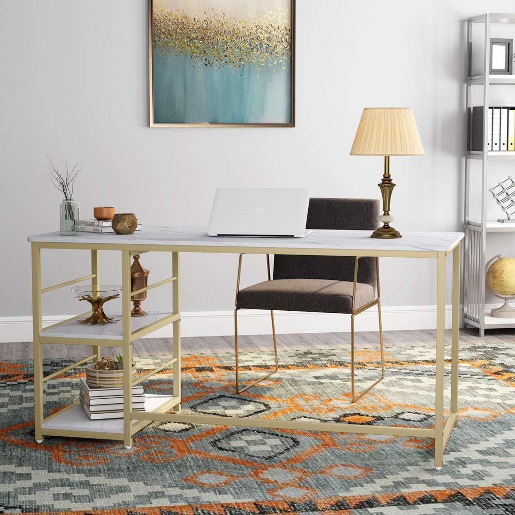 Tribesigns 55 Inch Computer Desk with 2-Tier Storage Shelves, Faux Marble Modern Home Office Desk Study Table Studying Writing Desk Workstation for Home Office, White and Gold