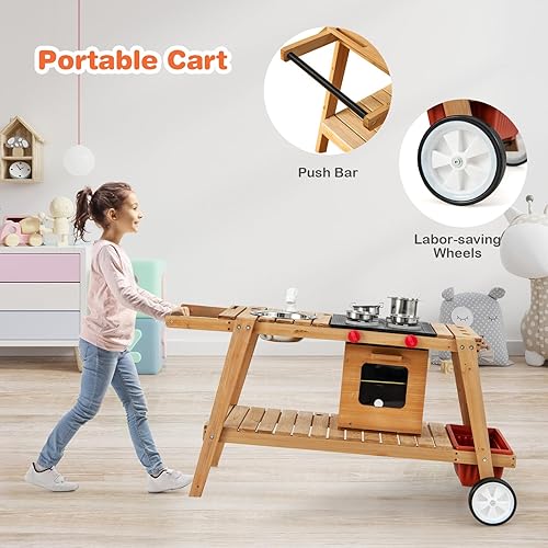 Miniatura 3 de Costzon Cocina de barro con paraguas extraíble, cocina de juego de madera con ruedas, fregadero, accesorios, carrito de cocina para niños pequeños,