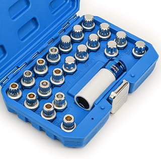 JAMTON 21pcs Anti-Theft Wheel Lock Lug Nut Remover Tool Kit Compatible with BMW/for Mini Series, Automotive Wheel Nuts Screw Removal Key Socket Set with 1/2" Square Drive Adapter