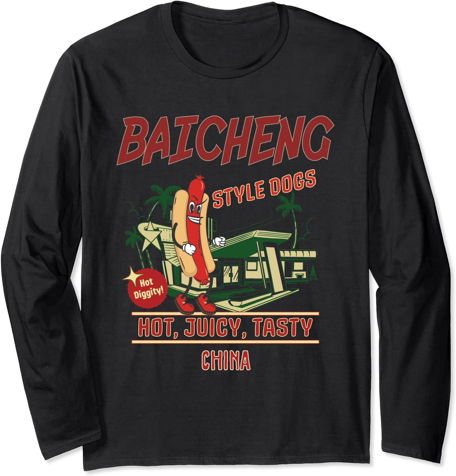 BAICHENG Style Dogs Hot Diggity Juicy Tasty Retro Long Sleeve T-Shirt