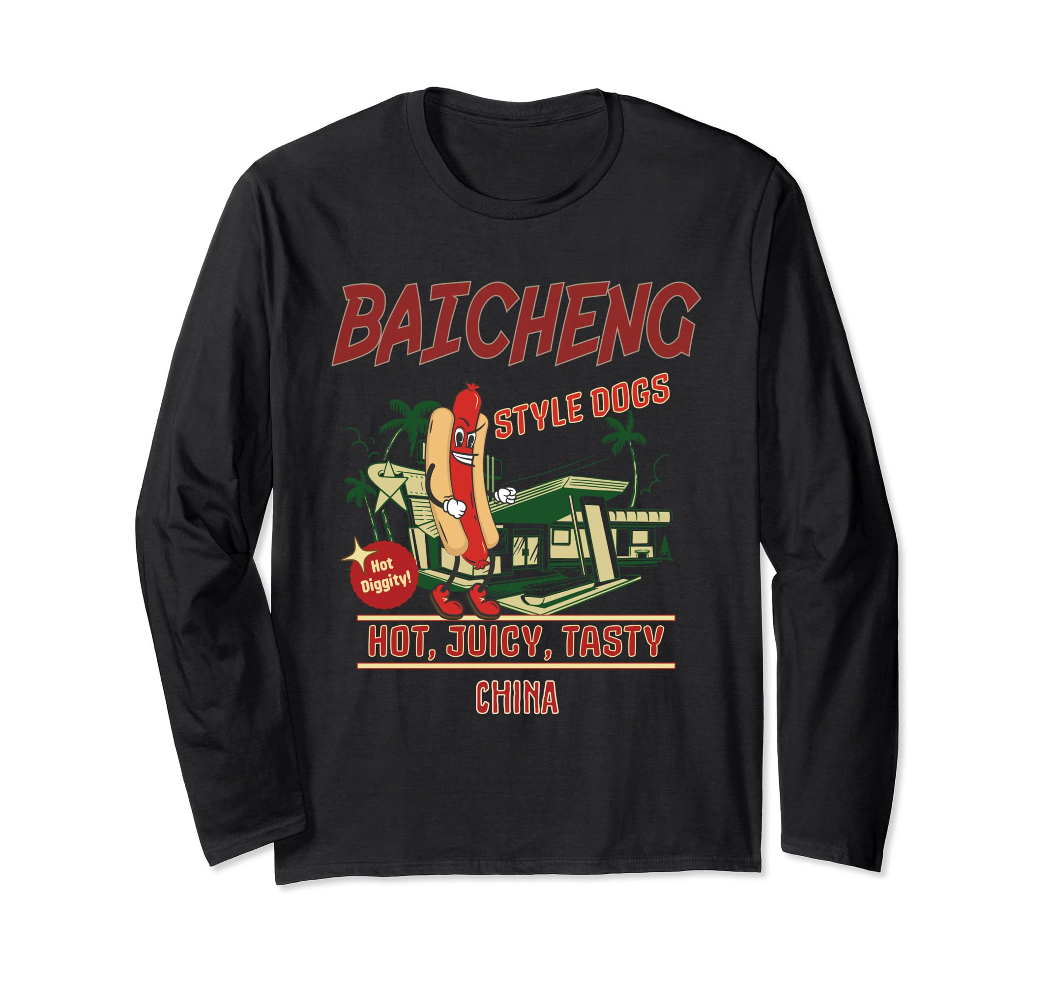 BAICHENG Style Dogs Hot Diggity Juicy Tasty Retro Long Sleeve T-Shirt