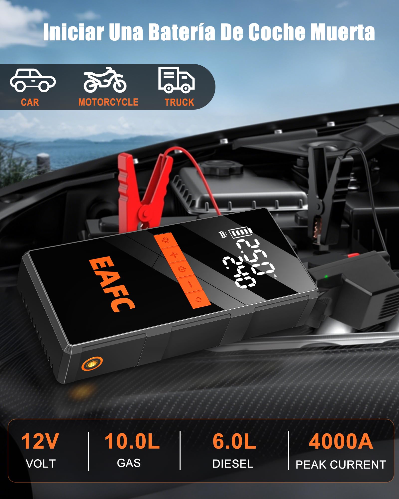 4000A Arrancador de Baterias de Coche con Compresor 150 PSI, Arrancador de Coches Portatil 12V (hasta 10L Gasolina/5L Diesel), Arrancador Bateria Moto con Pantalla LED, LED, USB-C, Bolso de Mano