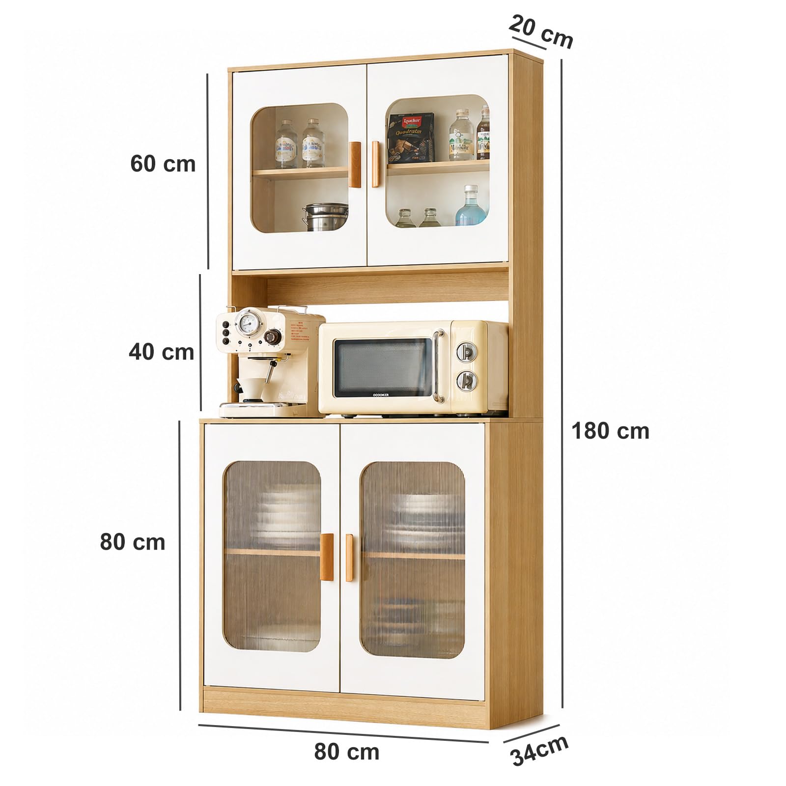 SHARPDO Buffet Cuisine Haut 180 cm, Meuble de Rangement Cuisine Blanc et Bois, Armoire de Cuisine avec Porte Transparente, Plateau pour Micro-Ondes, Placard Fermé