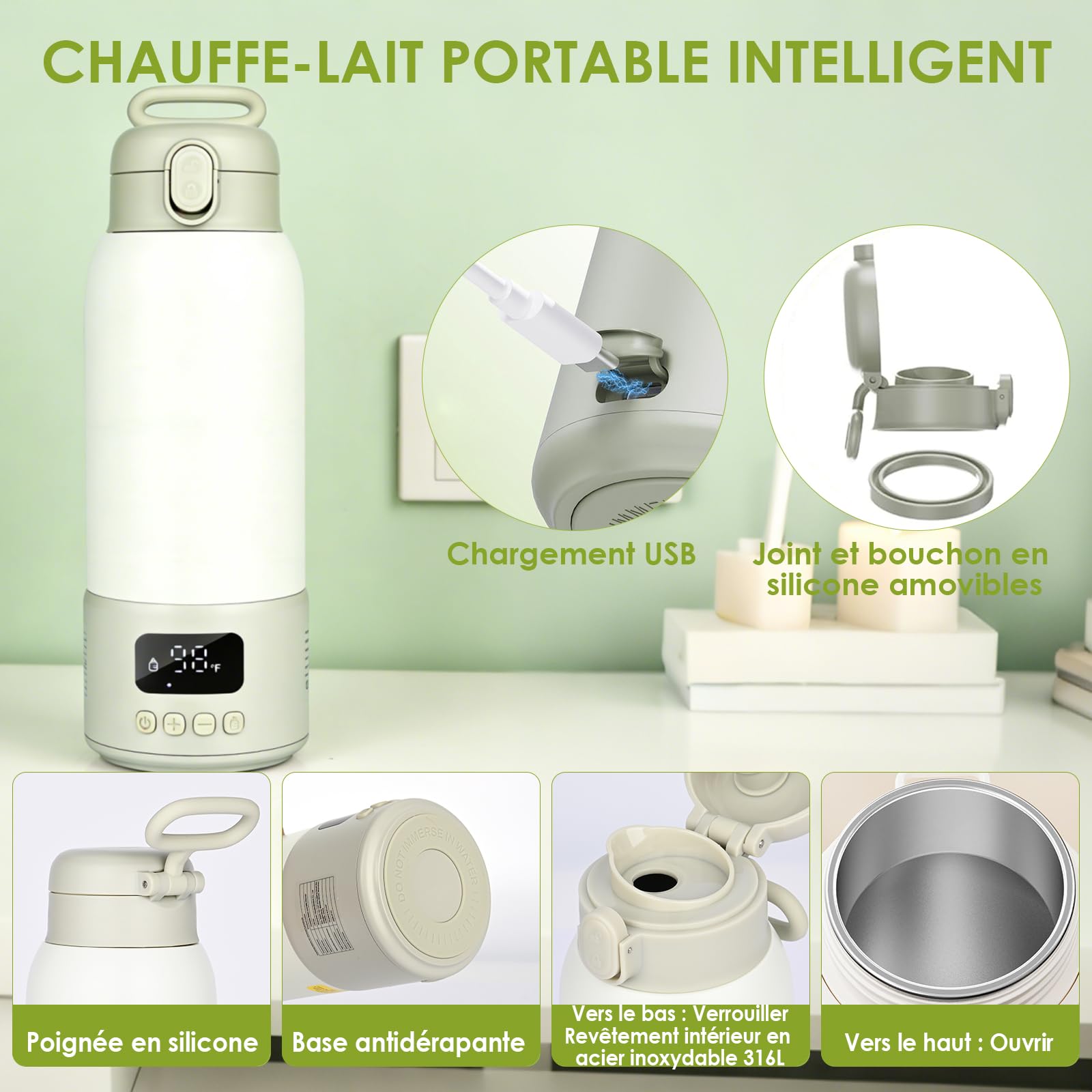 Chauffe Biberon Portable, Chauffe Biberon sans Fil 500ML, Chauffage Rapide, 2 Modes pour Lait Maternel et Eau, Chauffe-biberons USB, pour Voiture, Voyage en Avion
