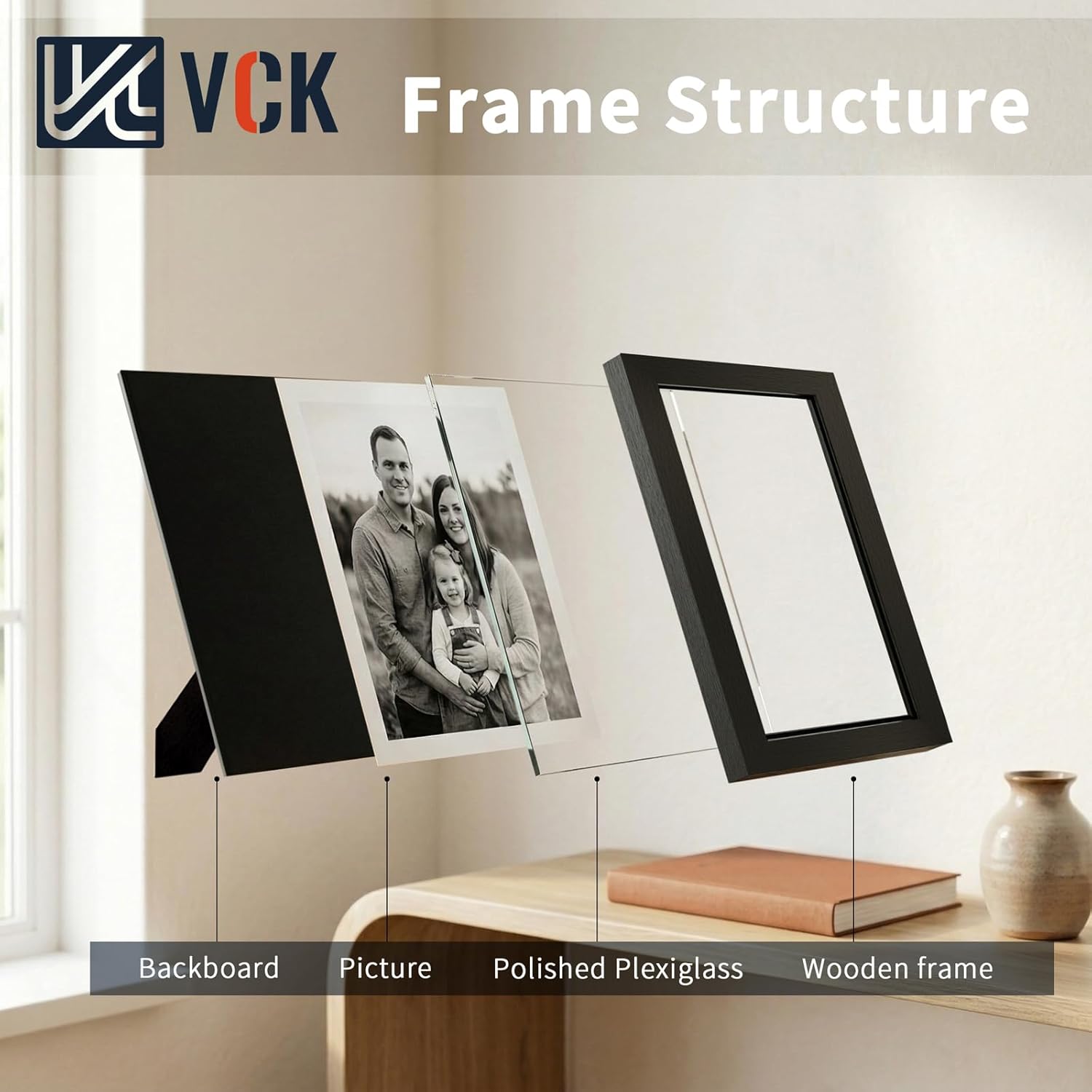 VCK 8x10 Picture Frame Black - 4 Pack, Wide Wood Frame with Exclusive Wood Grain, Polished Plexiglass for Vertical or Horizontal Wall & Tabletop Display of Photos, Prints, Studio, Gallery, Home