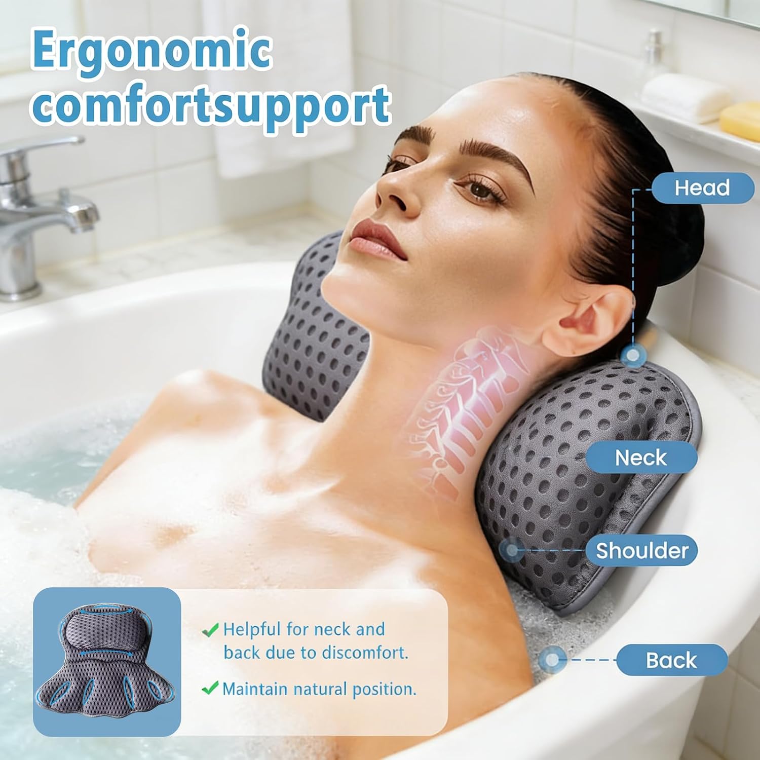 Luxury Bathtub Pillow, 4D Air Mesh Soft Bath Pillows for Tub, Ergonomic Neck & Back Support, Non-Slip Suction Cups Head Neck Support Hot Tub Pillow, Spa Bath Accessories Gift for Women Gray