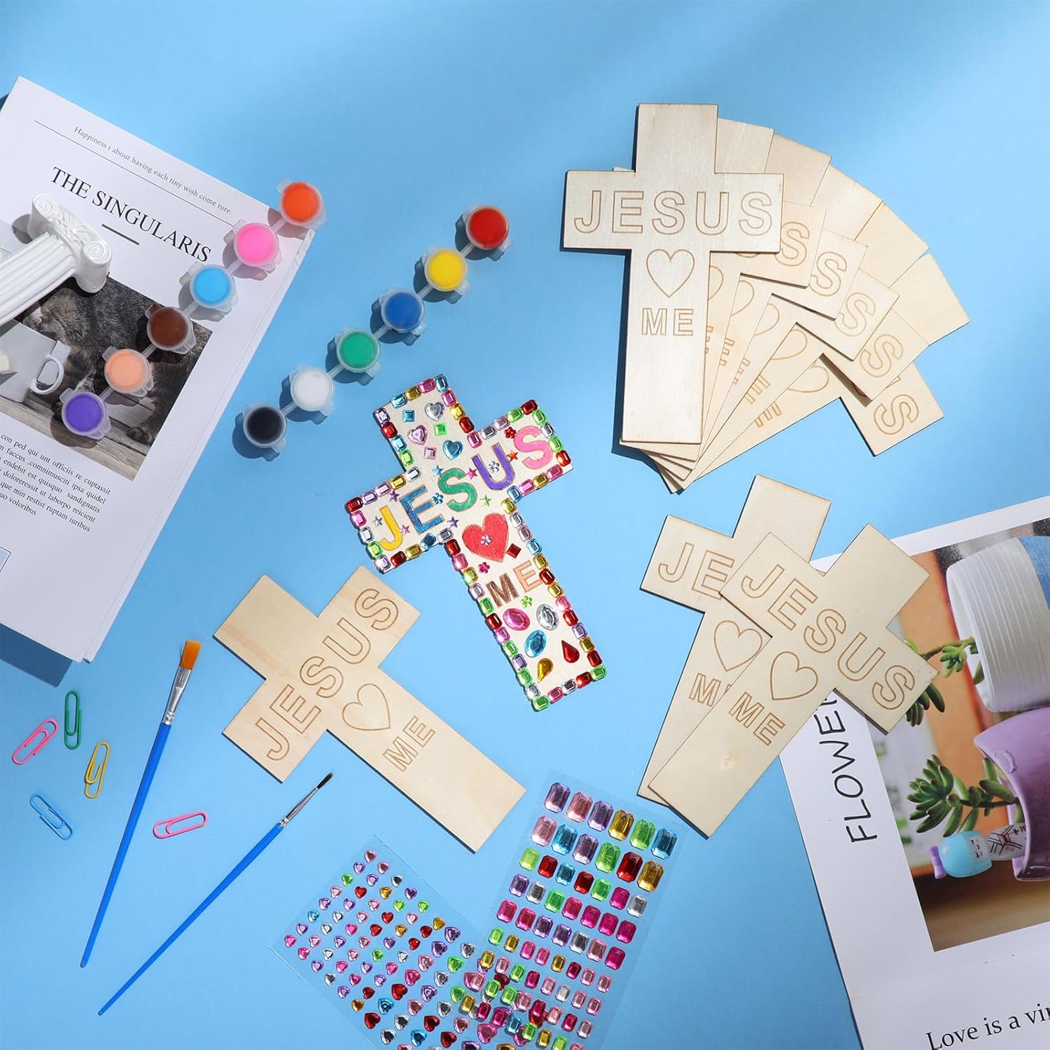 PullCrease 37 Pcs Christian Easter Crafts for Kids Religious DIY Wooden Crosses Craft Kit Sunday School Vacation Bible School Supplies 24 Pack Wooden Cross 12 Stickers 1 Set Paint(Classic Style)