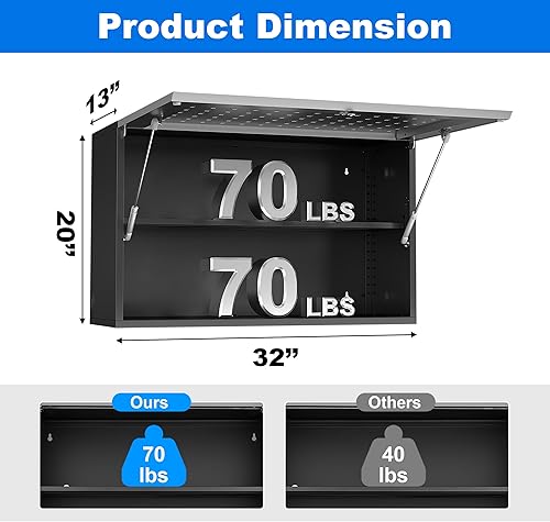 Miniatura 3 de Armario de pared de metal para garaje, armario de almacenamiento montado en la pared con resorte de gas, gabinete de herramientas con cerradura de