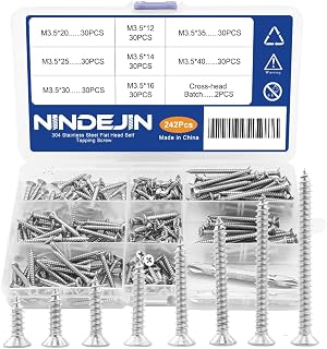 NINDEJIN 242Pcs 304 Stainless Steel Flat Head Self Tapping Screw Phillips Wood Screws Assortment Kit Set with Cross-Head Batch,Size:M3.5, Length 1/2” to 1-1/2”