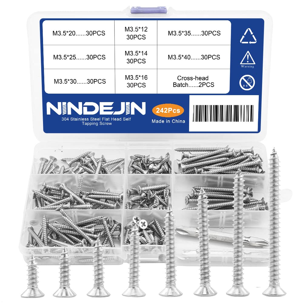 NINDEJIN M3.5 Self Tapping Screws Assortment Kit, 304 Stainless Steel Wood Screws, Flat Head Phillips Drive Screws Set with 240Pcs Tapping Screw (12-40mm) and 2Pcs Cross-Head Batch