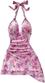 Women's Butterfly Print Sleeveless Halter Dress Asymmetrical Hem Mini Dresses