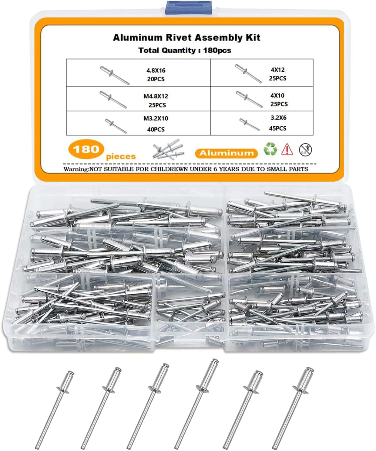 Pop Rivets Assortment, TAIANJI 180PCS Rivets Assortment Kit Closed end Pop Rivets Pop Blind Rivets Set with Storage Box, 3.2mm, 4mm, 5mm, 4.8mmHead Rivets for Metal Woods Plastic