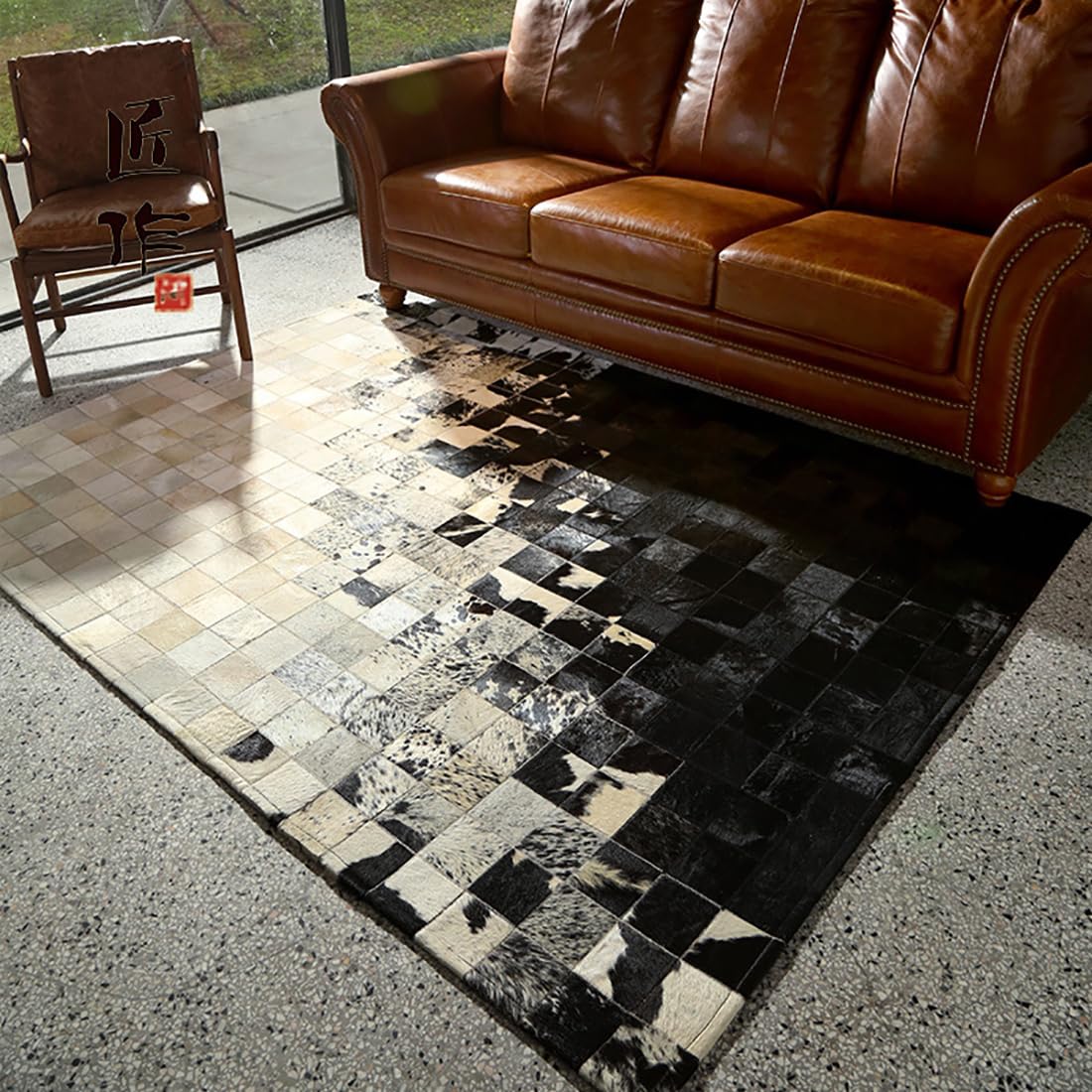R&RENXIA Tapis Patchwork en Fourrure de Vache Tapis en Peau de Vache véritable Tapis imprimé Vache Premium pour Chambre dortoir Salle à Manger Salon décor Occidental,90×120cm