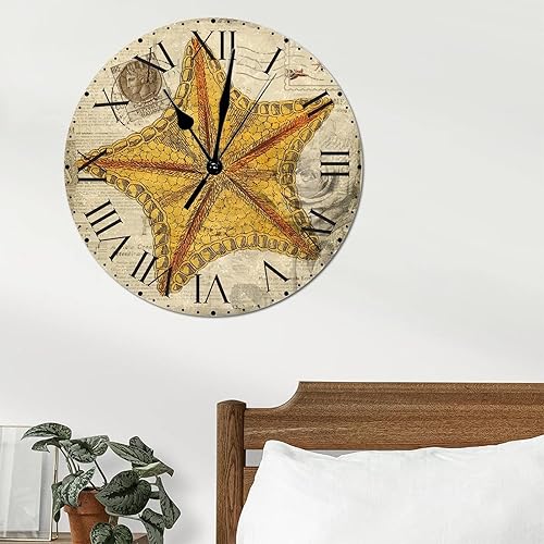 Miniatura 128 de ArogGeld Reloj de pared con diseño de estrella de mar antigua francesa, de cloruro de polivinilo, con números romanos, de 10 pulgadas, funciona