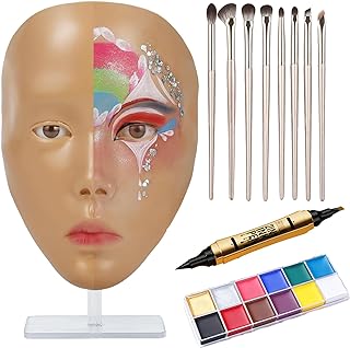 Makeup Practice Board, Face Painting Mannequin Head with Stand, 5D Reusable Silicone Face Practice Board for Makeup Artists & Beginners, Brown