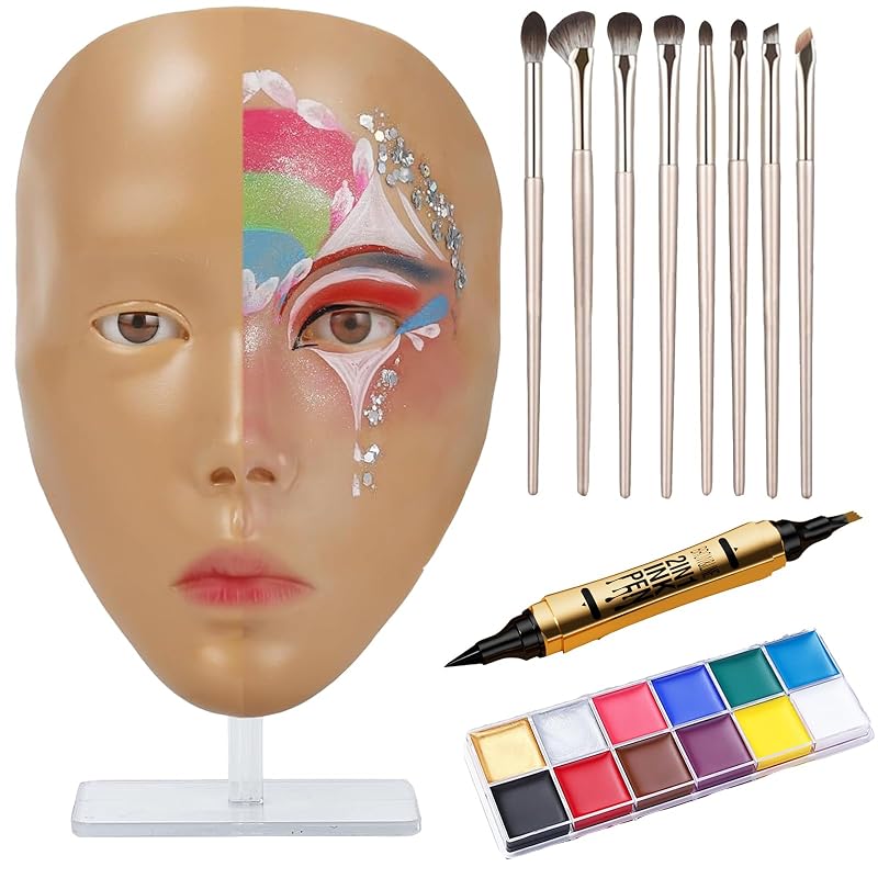 Cabeça de manequim para prática de maquiagem SWHDT com suporte, placa facial reutilizável de silicone, marrom