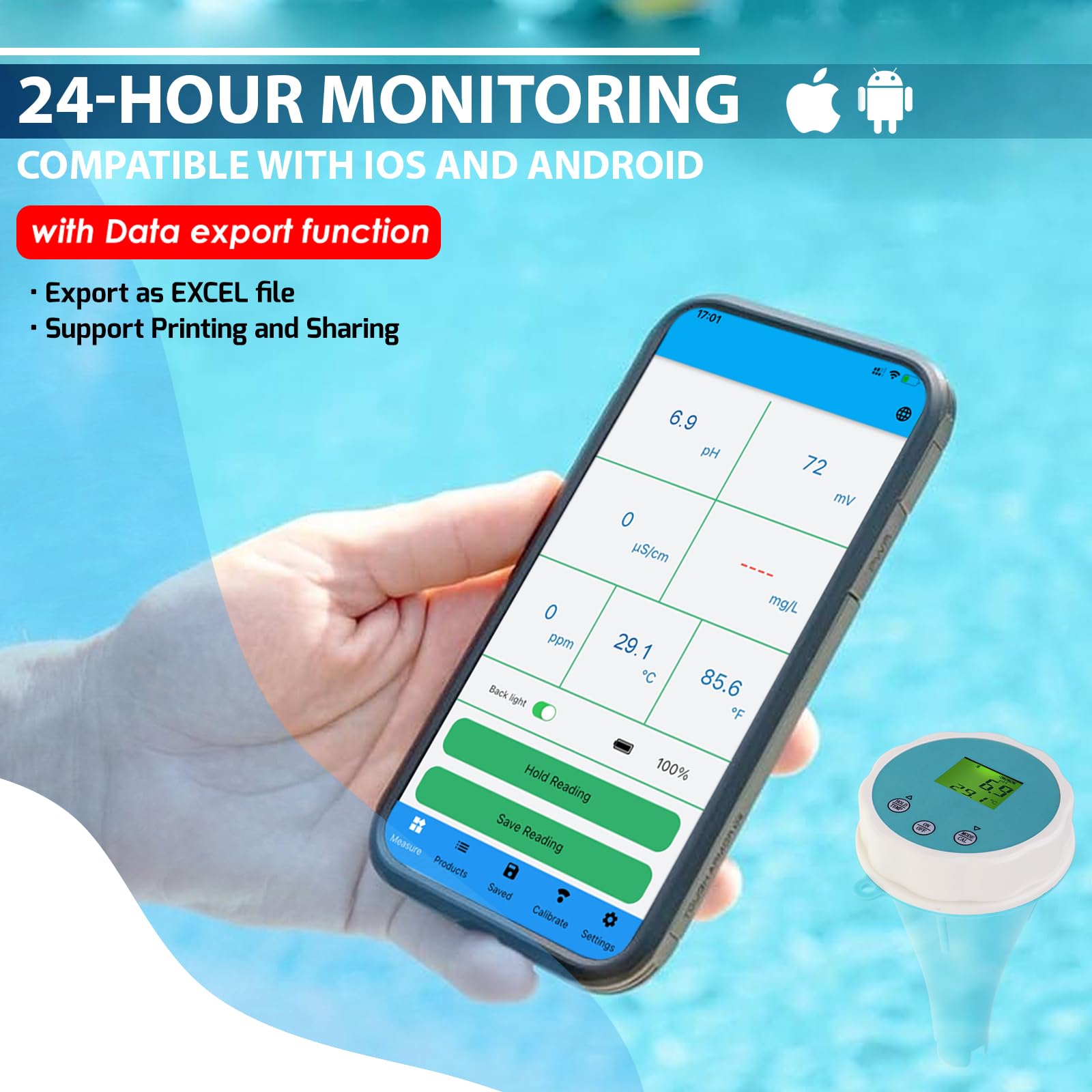 Analizador de Calidad de Agua 6 en 1 Flotante con Bluetooth Mide Cloro, pH, CE (Conductividad), ORP (Potencial Redox), Salinidad y Temperatura - Conexión a APP para Piscinas e Hidroponía
