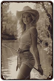 50s Pin up Girl Fishing Metal Tin Sign Open Fly Season Wall Decor Home Angler Cafes Lake House Seascape 12x8 Inch
