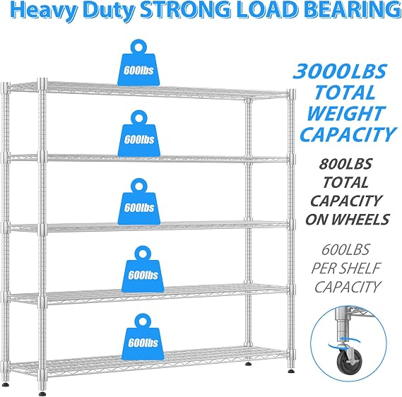Homdox 5 Tier Heavy Duty Metal Wire Shelving with Wheels, 3000 lbs Capacity Garage Storage Rack, Rolling Industrial Storage, Adjustable Commercial Shelves for Kitchen, Warehouse, 18x60x82, Chrome