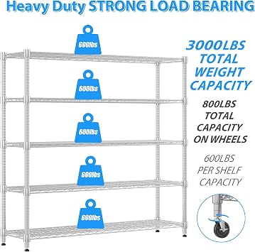Homdox 5 Tier Heavy Duty Metal Wire Shelving with Wheels, 3000 lbs Capacity Garage Storage Rack, Rolling Industrial Storage, Adjustable Commercial Shelves for Kitchen, Warehouse, 18x60x82, Chrome