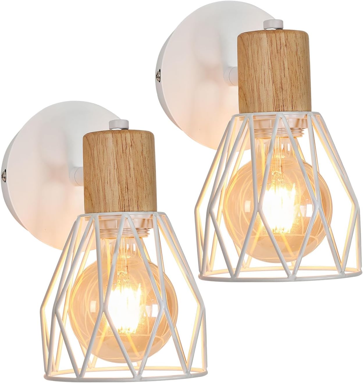 DAXGDIndustrial Wall Sconce Indoor, 2 Pack Wall Lamp White E27, Adjustable Cage Lamp Wooden Metal Sconce for Home Living Room Hallway Shop