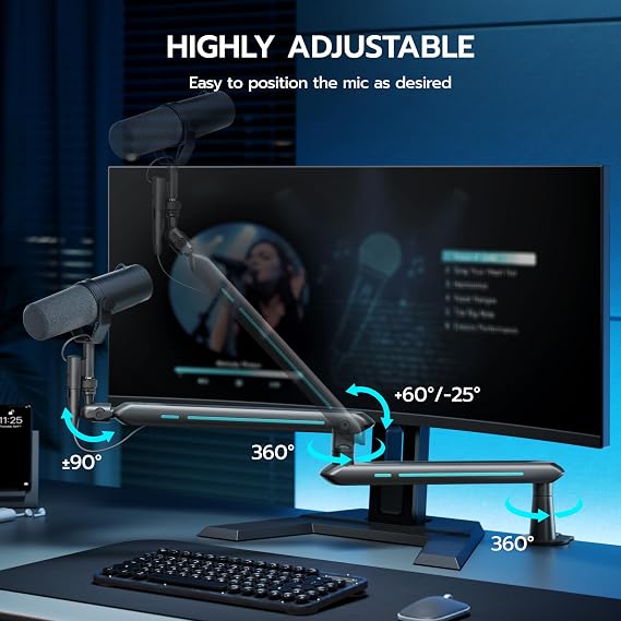 ARES WING Aluminum Low Profile Mic Arm with 4.4 lbs Load Capacity, Black | Adjustable Microphone Boom Arm with 3/8 to 5/8 Screw Adapter, Desk Mount Mic Stand for Gaming Streaming Podcasting