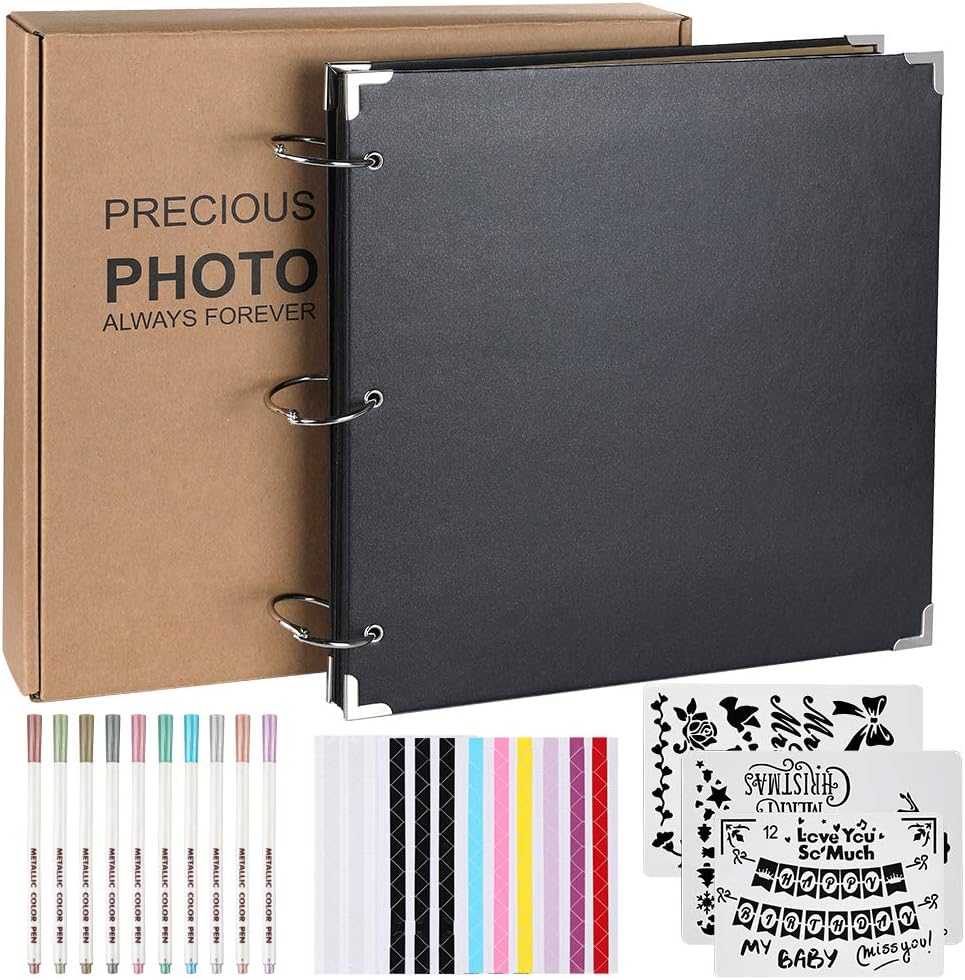Anpro Photo Album Scrapbook, 80 Pages DIY Handmade Album Scrapbook Movie Up Travel Scrapbook for Anniversary, Wedding, Travelling, Baby Shower, etc (Black)