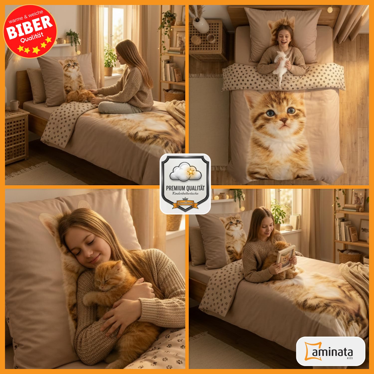 Aminata kids Katzen Bettwäsche 135x200 Biber 100% Baumwolle