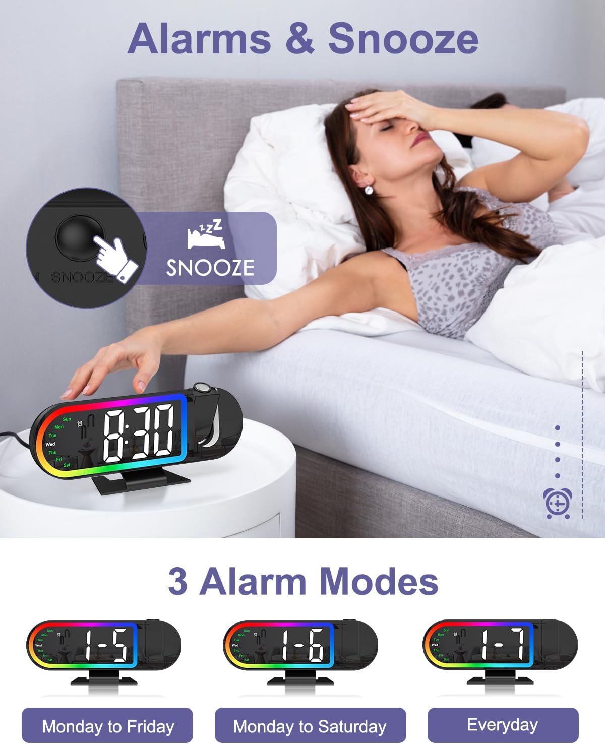 Projection Alarm Clock for Bedroom Ceiling, 8.5" Large Display Alarm Clock with 180° Rotatable Projector, 4 Brightness, 17 Ambient Light, Temp & Weekday, Snooze, Digital Clocks for Home Decor