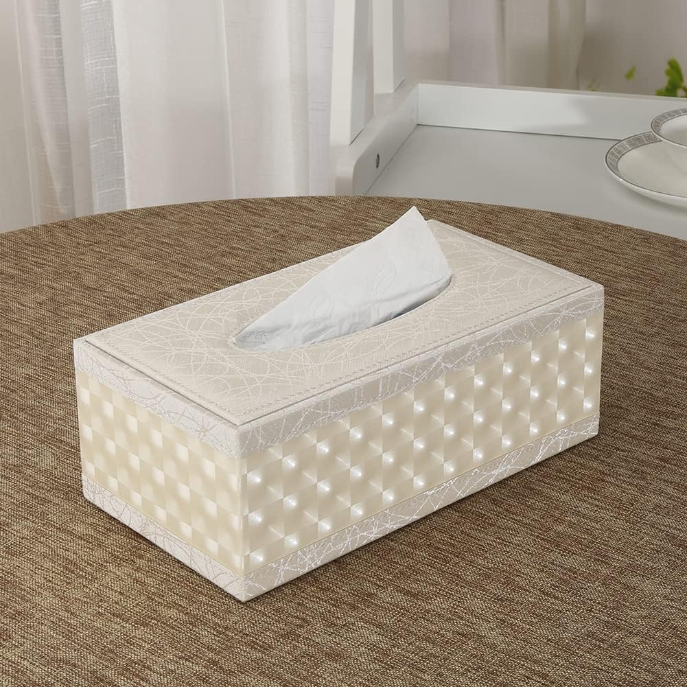 KINGFOM Rectangular PU Leather Tissue Box Holder, Facial Tissue Case Napkin Dispenser for Home Office Car Automotive Decoration(Beige)
