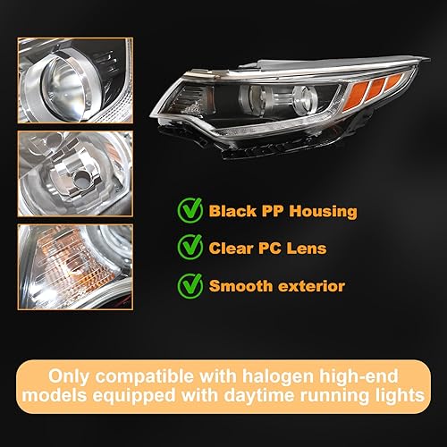 Miniatura 4 de Para 2016 2017 2018 Kia Optima Conjunto de faros halógenos Proyector Faro Izquierdo Lado del Conductor Carcasa Negra Lente Transparente y Amarillo