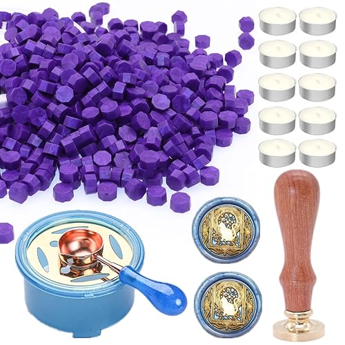 Sello de cera para gatos, kit de 413 piezas de cera de sellado con 400 cuentas de sello de cera morada, 1 calentador de sellado de cera, 1 cuchara