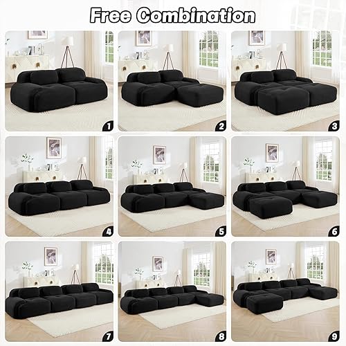Miniatura 6 de Sofá moderno comprimido sin estructura de 116 pulgadas, sofás seccionales de 3 plazas para sala de estar, sofá seccional modular de pana negra tipo