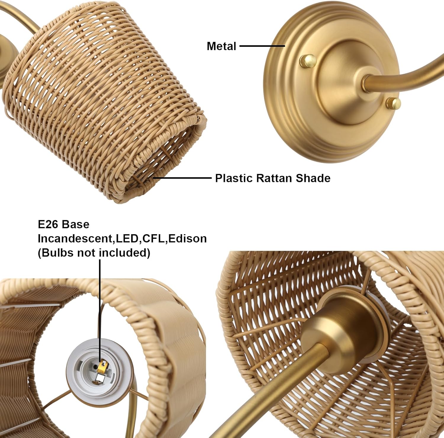 Yosoan Rattan Boho Wrapped Wall Sconce Light, Indoor Hardwired Gold Hand-Woven Farmhouse Vintage Wall Lamp, Brass Handmade Shade Wall Mount Fixture for Reading Bedside Bedroom Nursery Rustic(Antique)