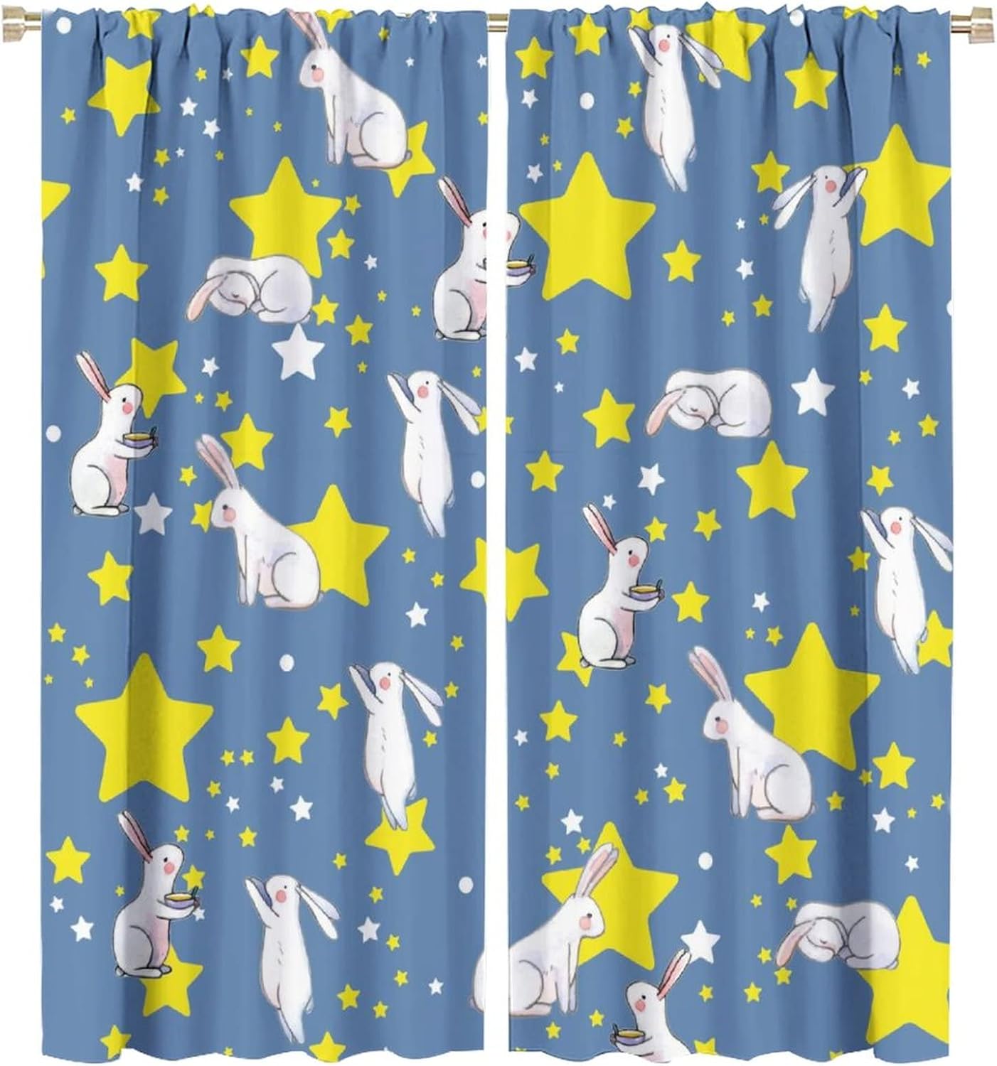Cute Bunny Blackout Curtains,Cartoon Bunny Rabbit Easter Galaxy Space Star Print Window Treatments Rod Pocket Thermal Insulated Room Darkening Blackout Curtains 2 Panels 63L x 27.5W
