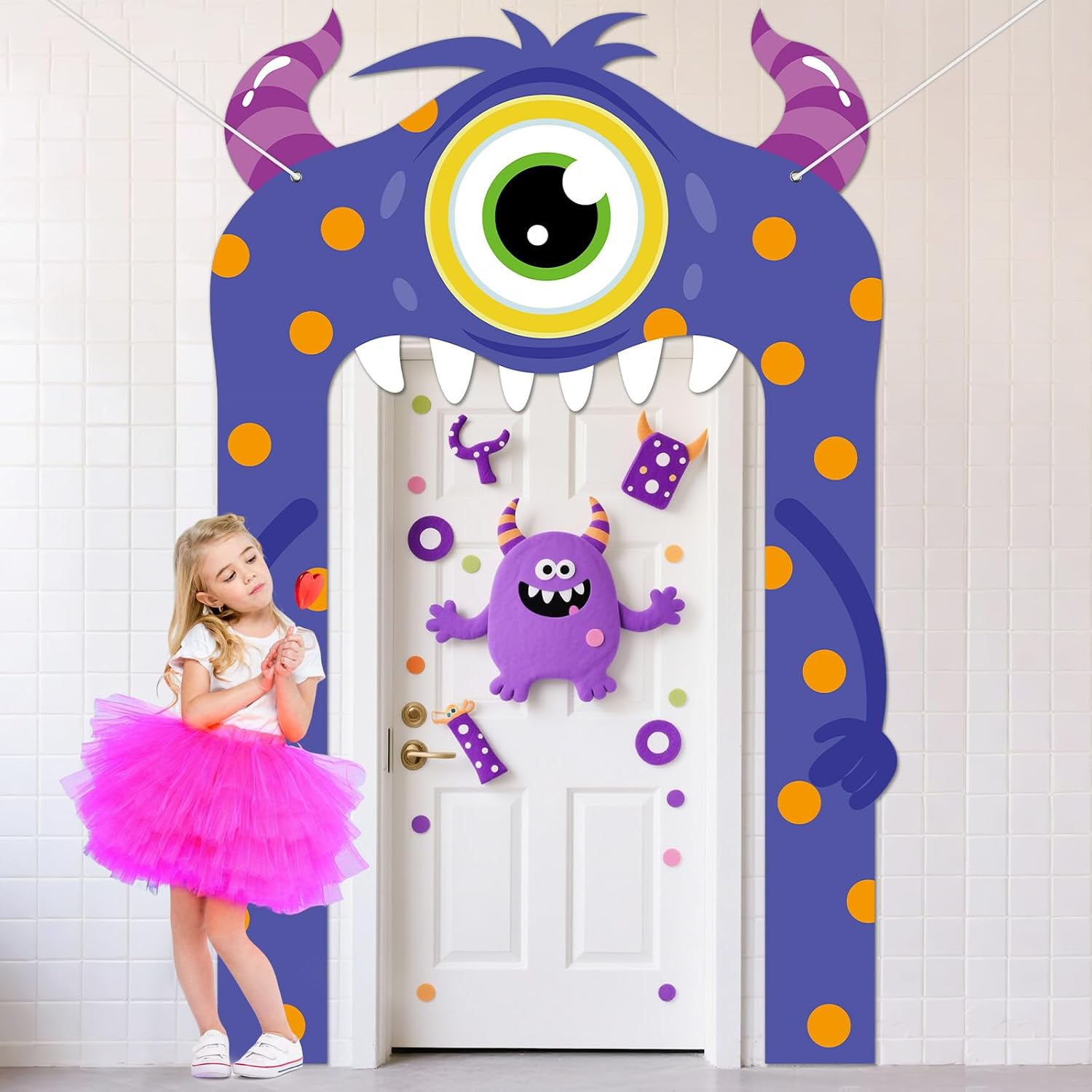 Little Monster Door Banner Monster Party Decoration Cartoon Birthday Porch Banner Cute Cartoon Theme Door Hanging Backdrop for Kids Birthday Party Photo Booth Prop Supplies image 4